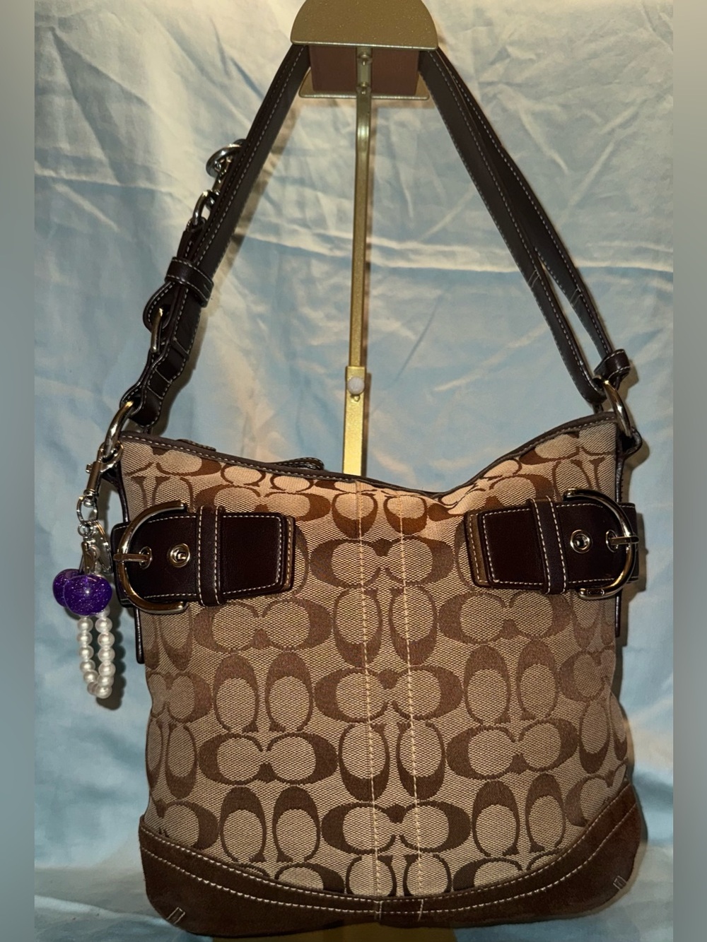 Coach 3574 Soho Signature Jacquard Tan & Brown with Brown Suede Shoulder Bag